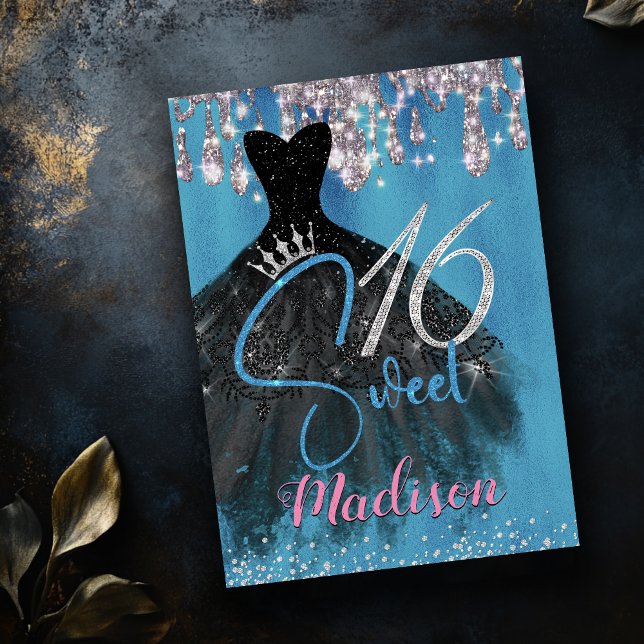 Convite Glitter de prata azul chic pinga doce 16 (Criador carregado)