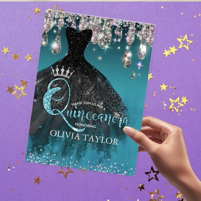 Convite Glitter de prata azul-chic pinga Quinceanera (Criador carregado)