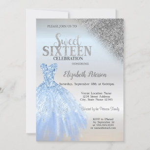 Convite Glitter de Prata Bokeh,Blue Dress Silver Sweet 16