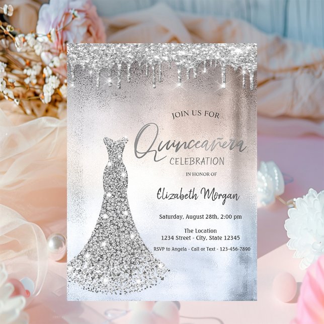 Convite Glitter De Prata Cai,Diamantes Vestir Quinceanera (Criador carregado)