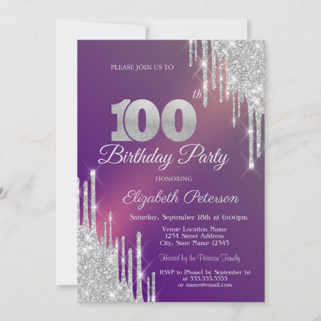 Convite Glitter de Prata Chic Drips Purple 100th Birthday (Frente)