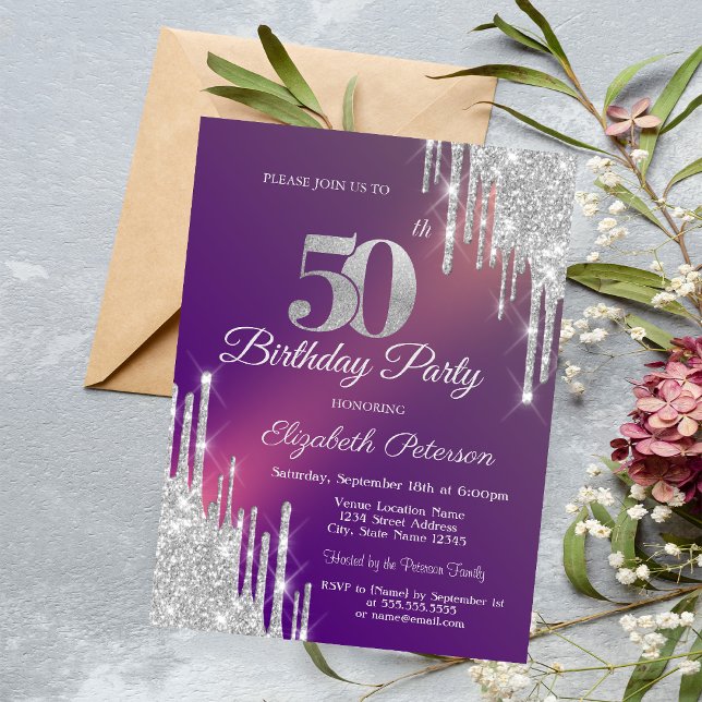 Convite Glitter de Prata Chic Drips Purple 50th Birthday (Criador carregado)