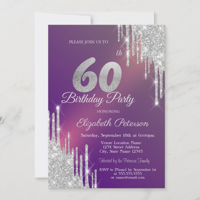 Convite Glitter de Prata Chic Drips Purple 60th Birthday (Frente)