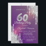 Convite Glitter de Prata Chic Drips Purple 60th Birthday<br><div class="desc">Um moderno,  chique e glamouroso com brilho prateado pingando em fundo roxo.</div>