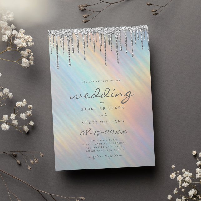 Convite Glitter de Prata Derruba Casamento Holográfico Arc (Silver Glitter Drips Rainbow Holographic Wedding Invitation )