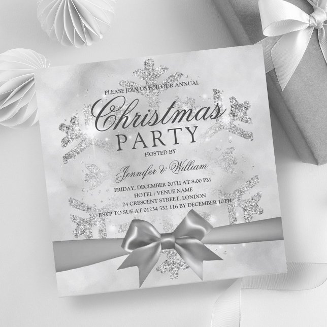 Convite Glitter de prata e fita | Feriado de Natal (Silver Glitter & Ribbon | Xmas Holiday Invitation)