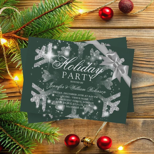 Convite Glitter de prata e fita | Verde Natal (Silver Glitter & Ribbon | Xmas Holiday Green Invitation)