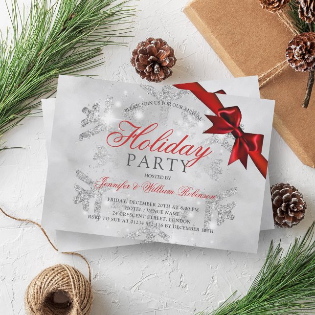 Convite Glitter de prata e fita | Vermelho Natal (Silver Glitter & Ribbon | Xmas Holiday Red Invitation)
