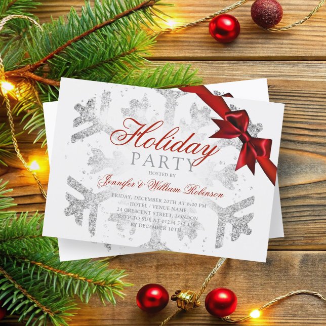 Convite Glitter de prata e fita | Vermelho Natal (Silver Glitter & Ribbon | Xmas Holiday Red Invitation)