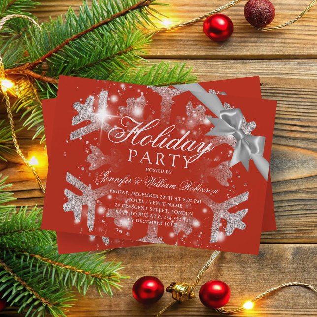 Convite Glitter de prata e fita | Vermelho Natal (Silver Glitter & Ribbon | Xmas Holiday Red Invitation)