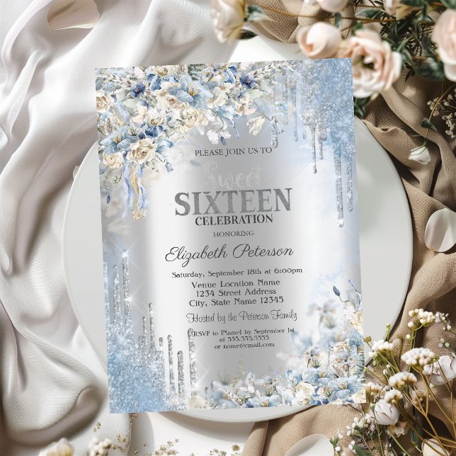 Convite Glitter de Prata Flores Azuis Doce 16 (Criador carregado)
