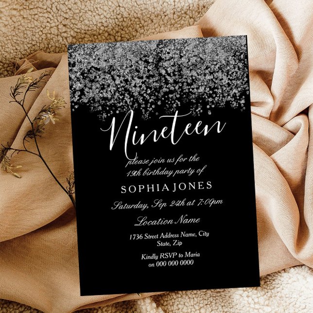 Convite Glitter de Prata Negra Confetti 19ª festa de anive (Criador carregado)