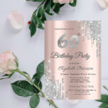 Convite Glitter de prata Rosa Dourado 60º aniversário<br><div class="desc">Um moderno,  chique e glamouroso com brilho prateado pingando um fundo rosa de ouro.</div>