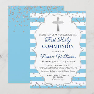 Convite Glitter de Prata - Stripe Azul Claro Primeira Comu