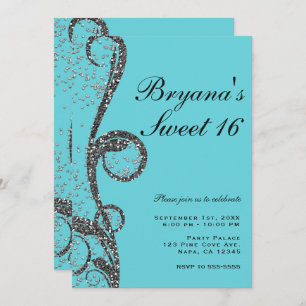 Convite Glitter de Prata Teal Suave 16 Festa de aniversári