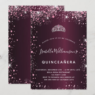 Convite Glitter de quinceanera burgundy rosa-tiara
