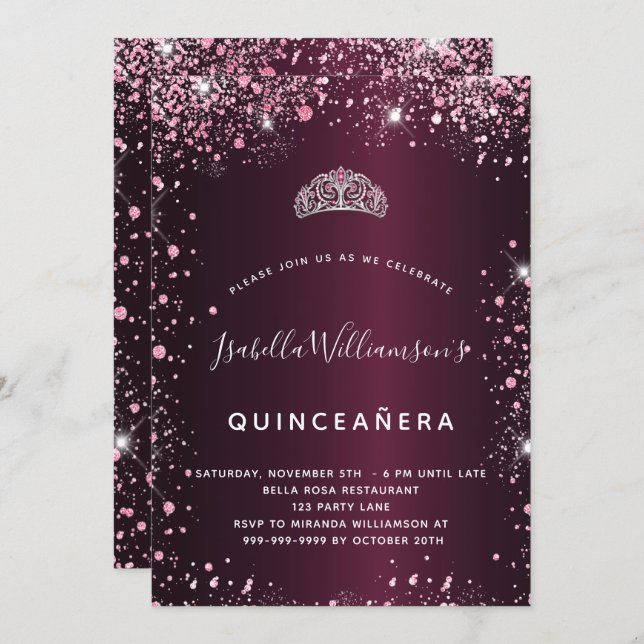 Convite Glitter de quinceanera burgundy rosa-tiara (Frente/Verso)