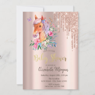 Convite Glitter de Rosa Dourado Fluido Floral Pônei Chá de