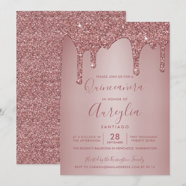 Convite Glitter de rosa Dourado Sparkle Drives Quinceañera (Frente/Verso)