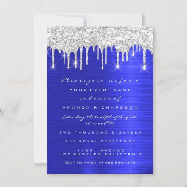 Convite Glitter de Silver Spark Drips Royal Blue Bridal 16 (Frente)