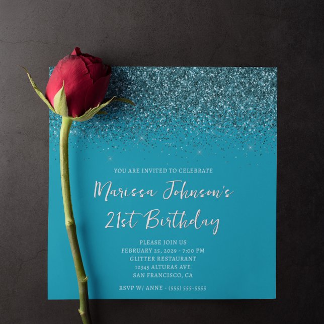 Convite Glitter de Teal Escuro Sparkly Azure aniversário d (Sparkly Dark Teal Glitter Azure 21st Birthday Invitation)