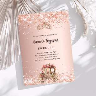 Convite Glitter de tiara carruagem dourada rosa Doce 16