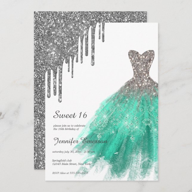 Convite Glitter de Vestido Verde Coloca Dezesseis (Frente/Verso)