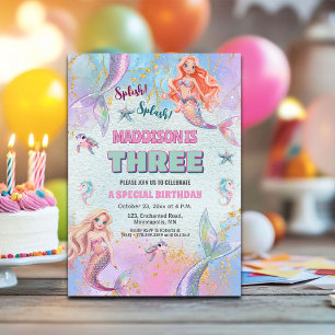 Convite Glitter Debaixo do Mar Sereias Aniversário de 3 An