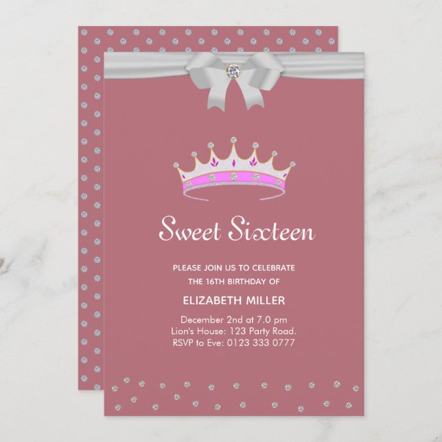 Convite Glitter Diamond Sweet XVI em Rosa Dourado (Frente/Verso)