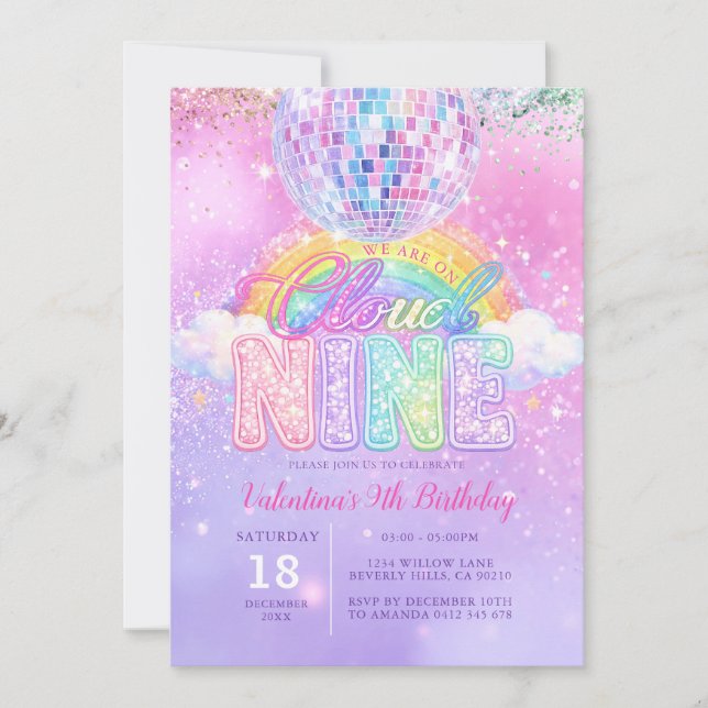 Convite Glitter Disco Ball Pastel Cloud Nine Birthday (Frente)