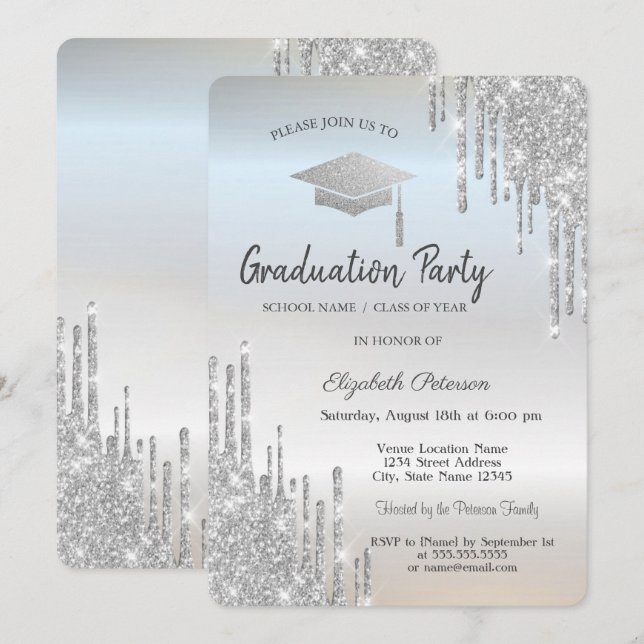 Convite Glitter do Boné de formatura de prata (Frente/Verso)