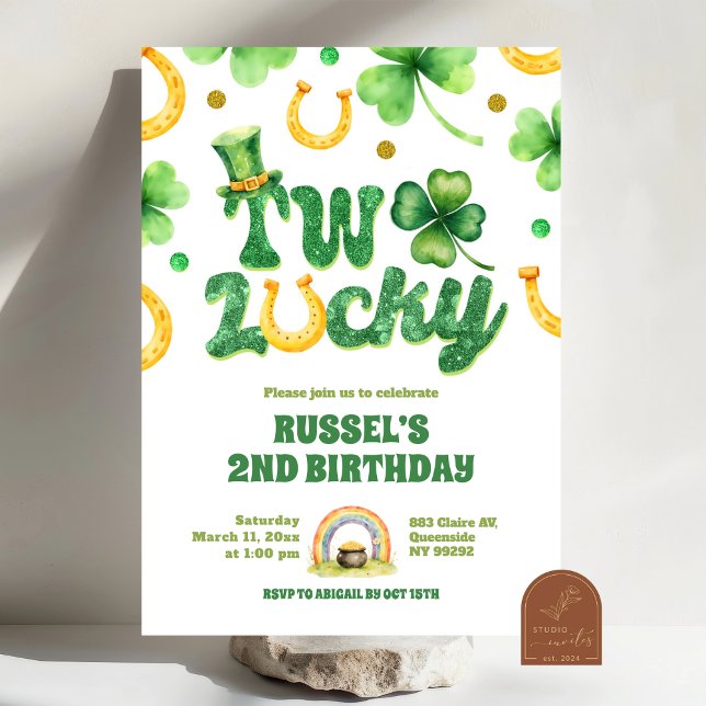 Convite Glitter Dois St Patrick Aniversário de 2 anos (Criador carregado)