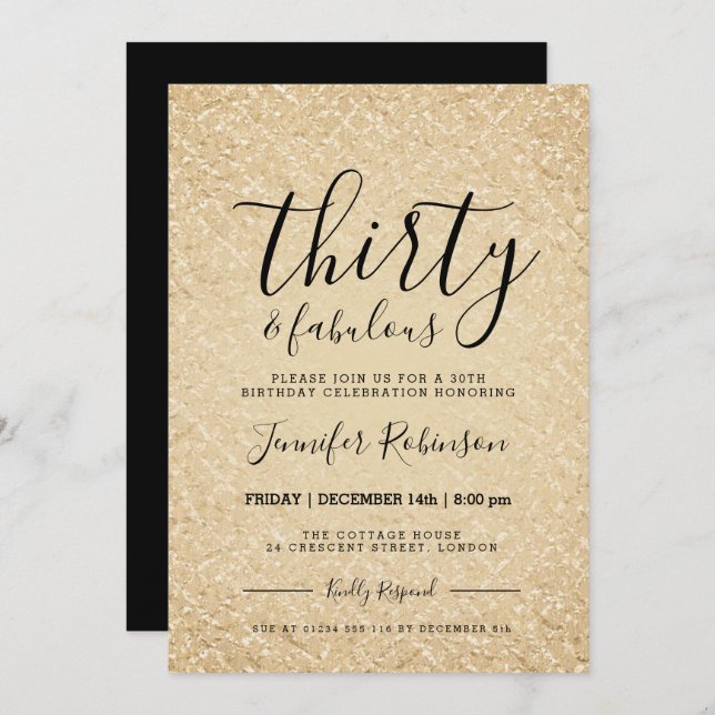 Convite Glitter Dourado aniversário de 30 anos moderno (Frente/Verso)