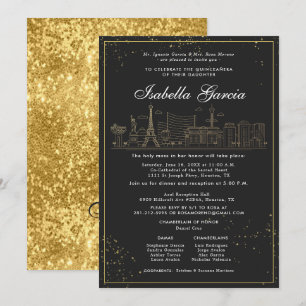 Convite Glitter Dourado Aniversário de Quinceañera Las Veg