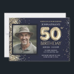 Convite Glitter Dourado azul-Festa de aniversário 50<br><div class="desc">Elegante borda de ouro Faux com os destaques de confete em cima. Todo o texto é ajustável e fácil de mudar para as necessidades do seu próprio partido. design de 50º aniversário elegante,  excelente de modelo. faux glitter</div>
