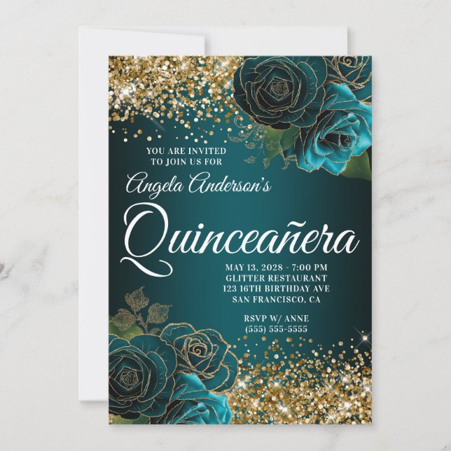 Convite Glitter Dourado Azul Teal Glam Quinceañera (Frente)