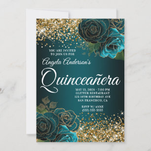 Convite Glitter Dourado Azul Teal Glam Quinceañera
