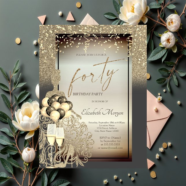 Convite Glitter Dourado, Balões, aniversário de 40 anos (Criador carregado)