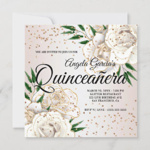 Convite Glitter Dourado Branco Floral Glam Quinceañera