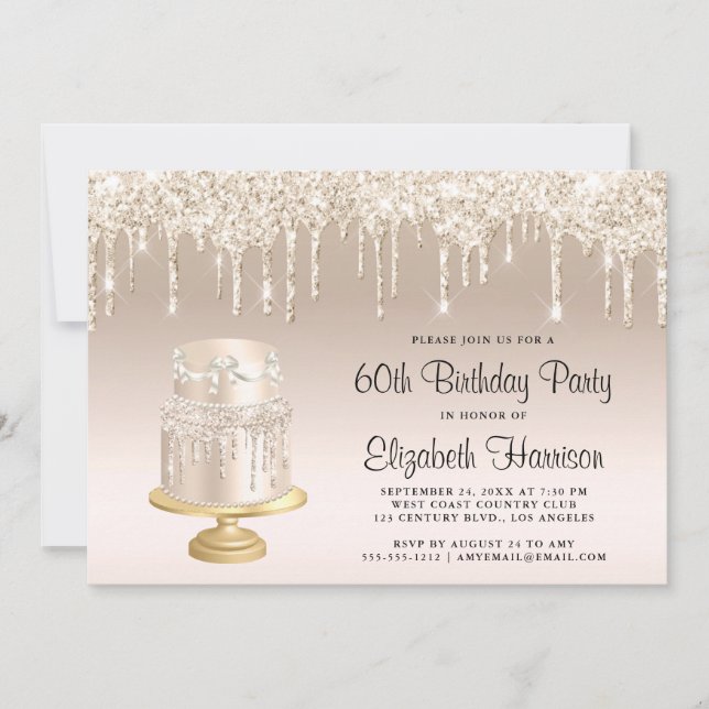 Convite Glitter Dourado Cake 60th Festa de aniversário (Frente)