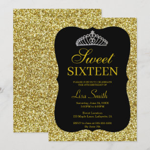 Convite Glitter Dourado Chic Elegante Tiara Sweet 16