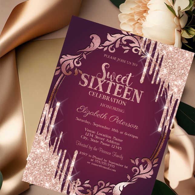 Convite Glitter Dourado com Rosa de Quadro Retroativo Susp (Criador carregado)