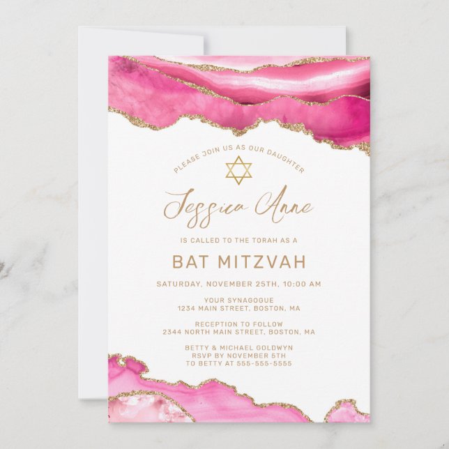 Convite Glitter Dourado Cor-de-rosa-chic Bat Mitzvah (Frente)
