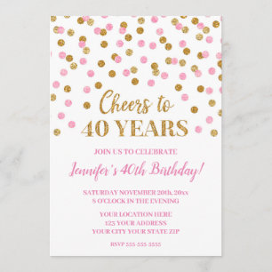Convite Glitter Dourado cor-de-rosa Confetti Saúde a 40 an