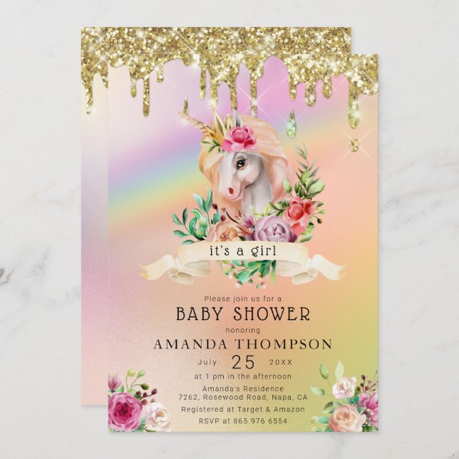 Convite Glitter Dourado dá um Chá de fraldas de Garota Uni (Frente/Verso)