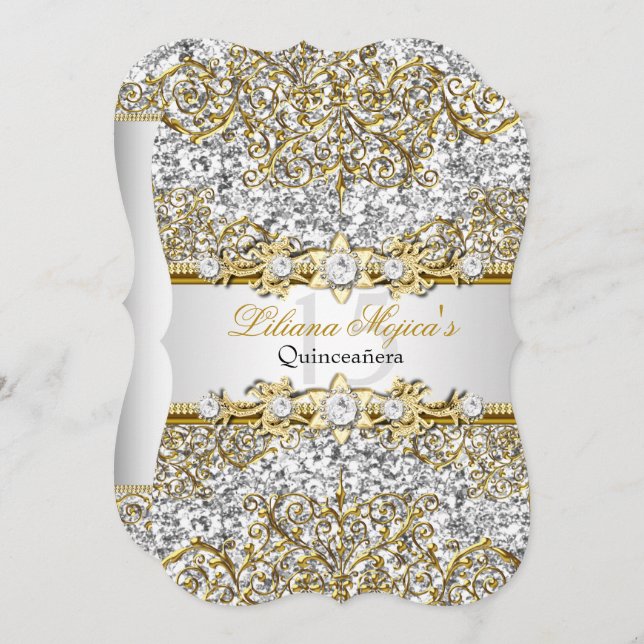 Convite Glitter Dourado Damask Quinceanera Invite (Frente/Verso)