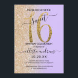 Convite Glitter Dourado de Lavanda Girly Chic Ombre Sweet<br><div class="desc">Este convite de aniversário giro e chique de 16 anos é perfeito para o dia especial da sua filha adolescente. Ele apresenta uma brilhante brilha de ouro cintilante, impressa em falso, grande, "16", sobre um simples roxo de lavanda pastel e brilho dourado sujo, fundo ombre gradiente. É simples, único, moderno,...</div>