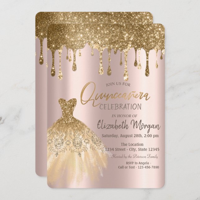 Convite Glitter Dourado de luxo veste Quinceañera (Frente/Verso)