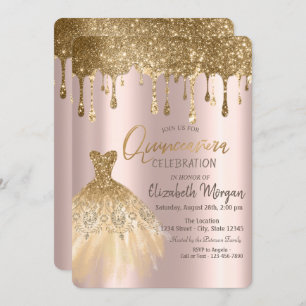 Convite Glitter Dourado de luxo veste Quinceañera