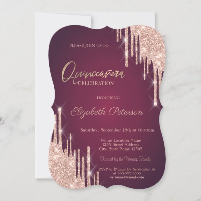 Convite Glitter Dourado de rosa Quinceanera (Frente)